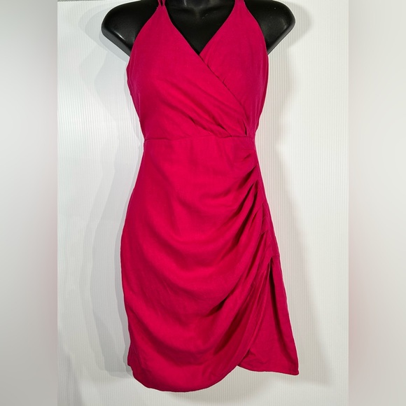 Zara Fuchsia Pink Linen Overlap Dress Size XS - Picture 1 of 9